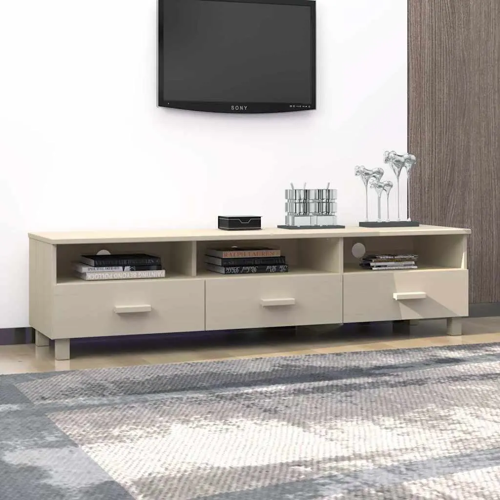 Solid Wood Pine TV Cabinet Brown with 3 Sliding Drawers and 3 Open Compartments for Organized Multimedia Storage