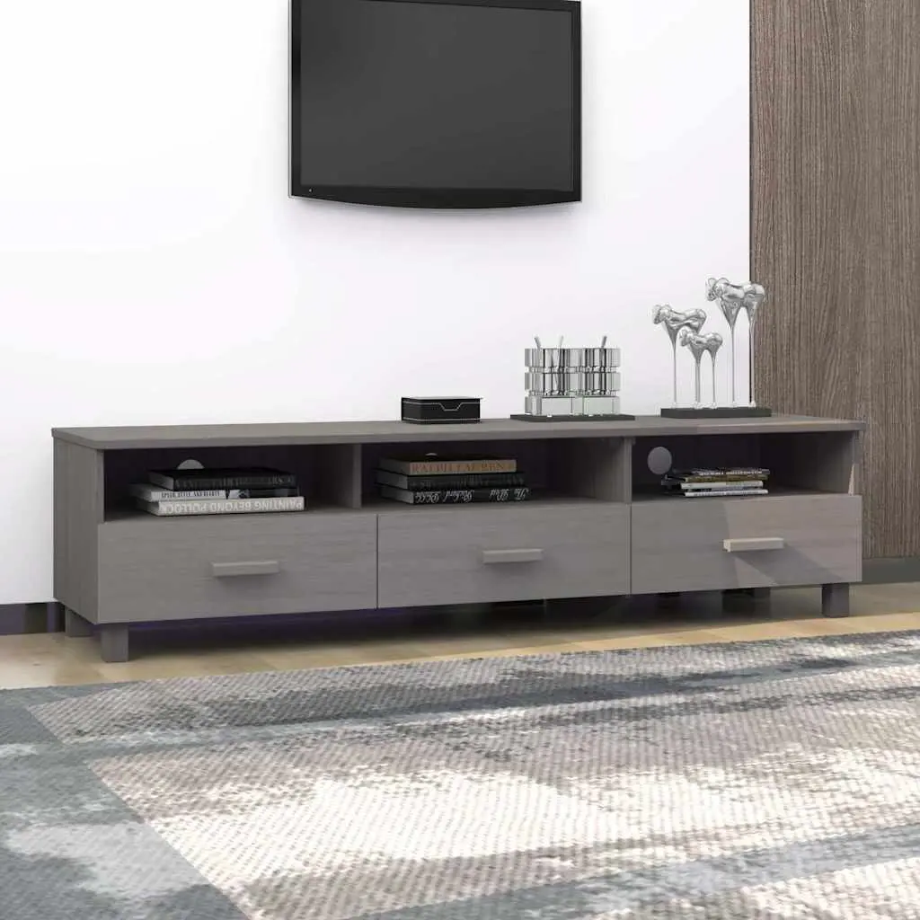 TV Cabinet 158cm Grey Solid Wood Pine Storage Unit with 3 Sliding Drawers and 3 Compartments