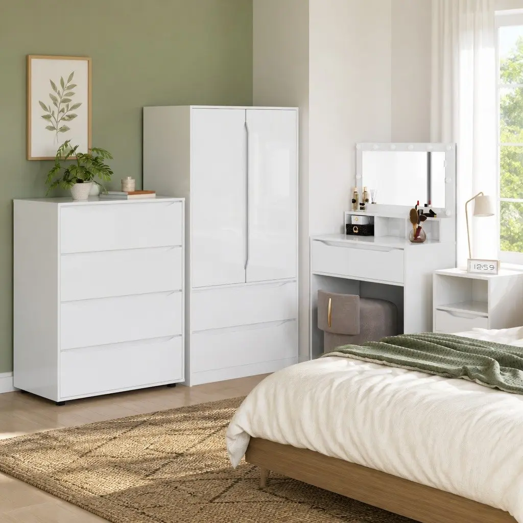 Storage Cabinet High Gloss White Engineered Wood Multiple Drawers
