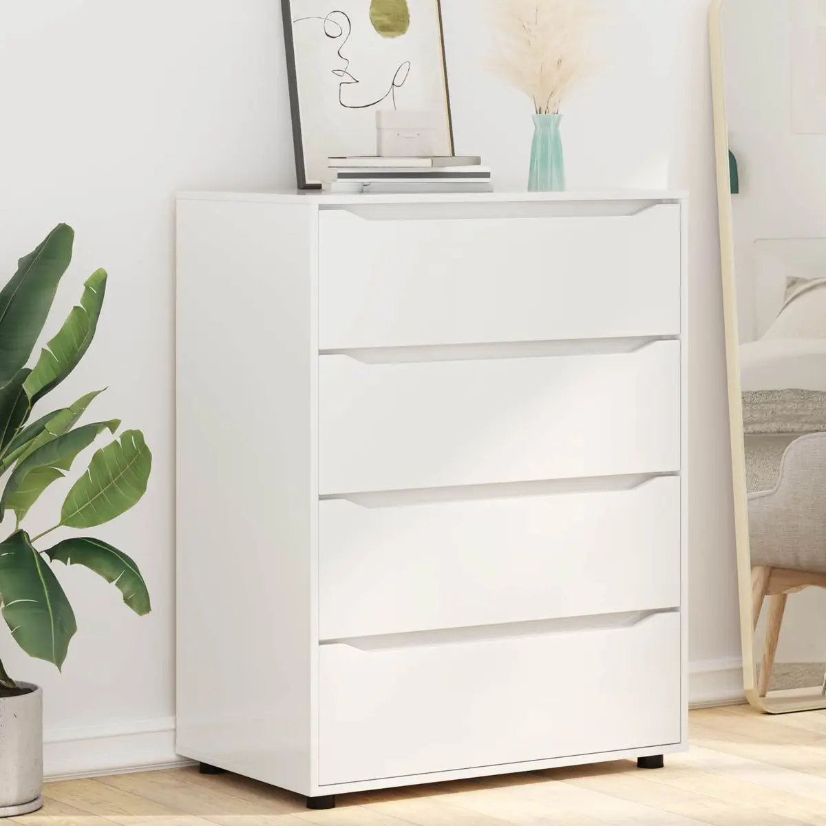 Storage Cabinet High Gloss White Engineered Wood Multiple Drawers