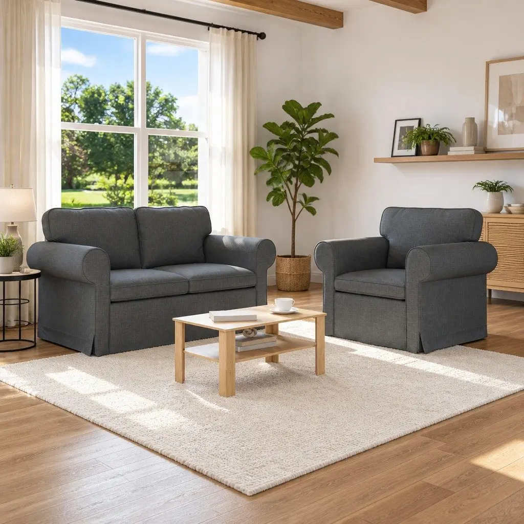 2PieceSofaSetModernDarkGreyFabricMetalFrameComfortableDesignFlexibleLivingRoomSeating