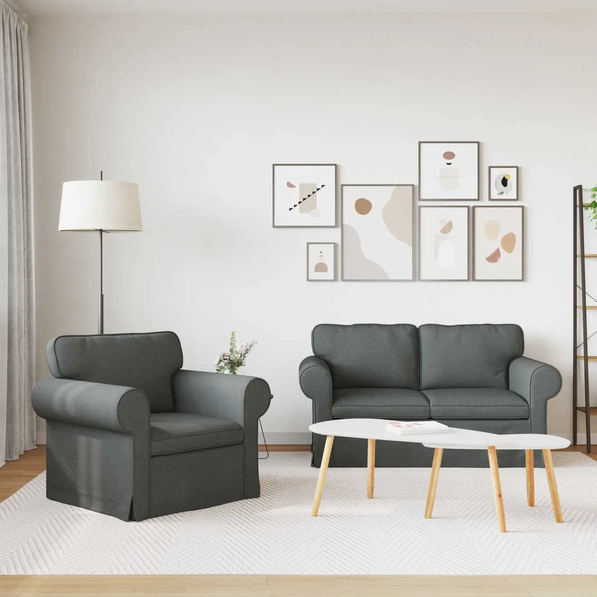 2PieceSofaSetModernDarkGreyFabricMetalFrameComfortableDesignFlexibleLivingRoomSeating