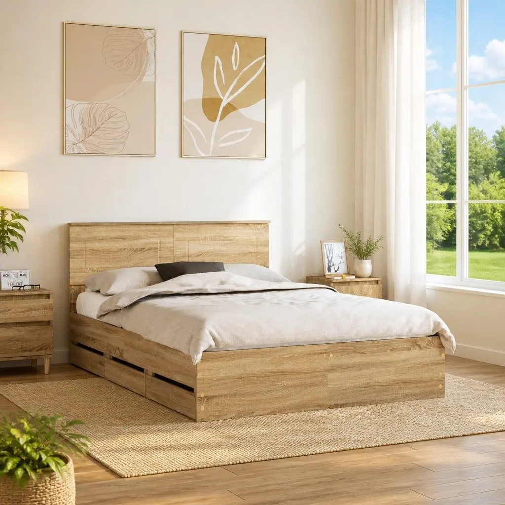 Bed Frame 150x200cm with Storage Drawer Engineered Wood Modern Minimalist