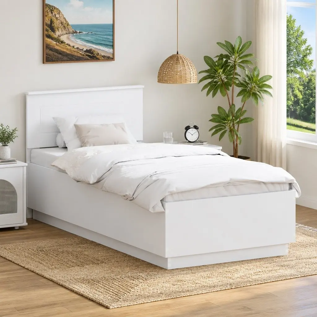 Bed Frame 90 x 190 cm White Engineered Wood Adjustable Headboard LED Lights USB Charging