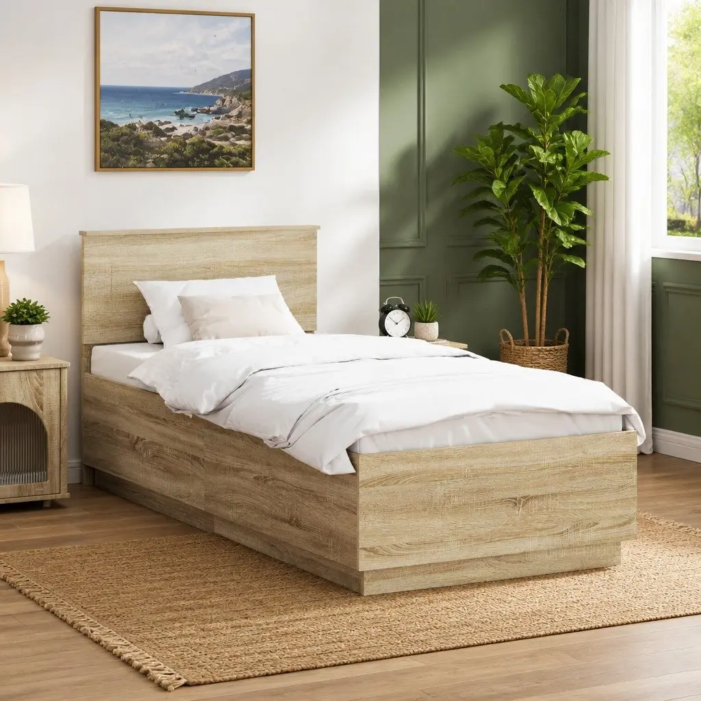 Bed Frame 90 x 190 cm Engineered Wood Adjustable Headboard with LED USB Charging