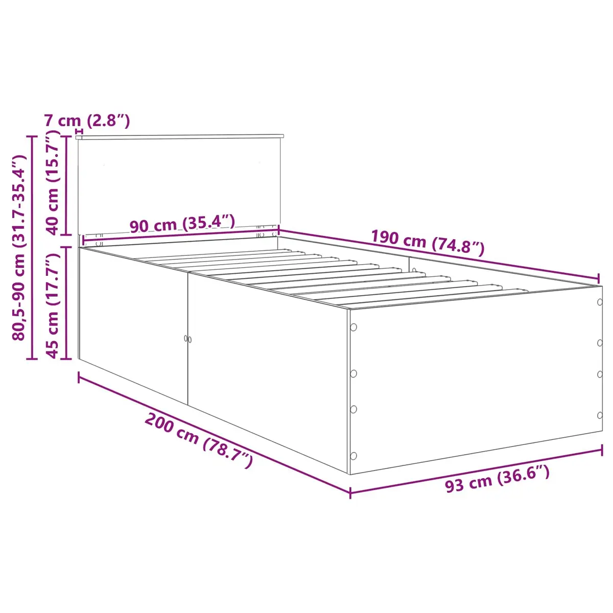 Bed Frame 90 x 190 cm White Modern with Integrated Headboard Engineered Wood