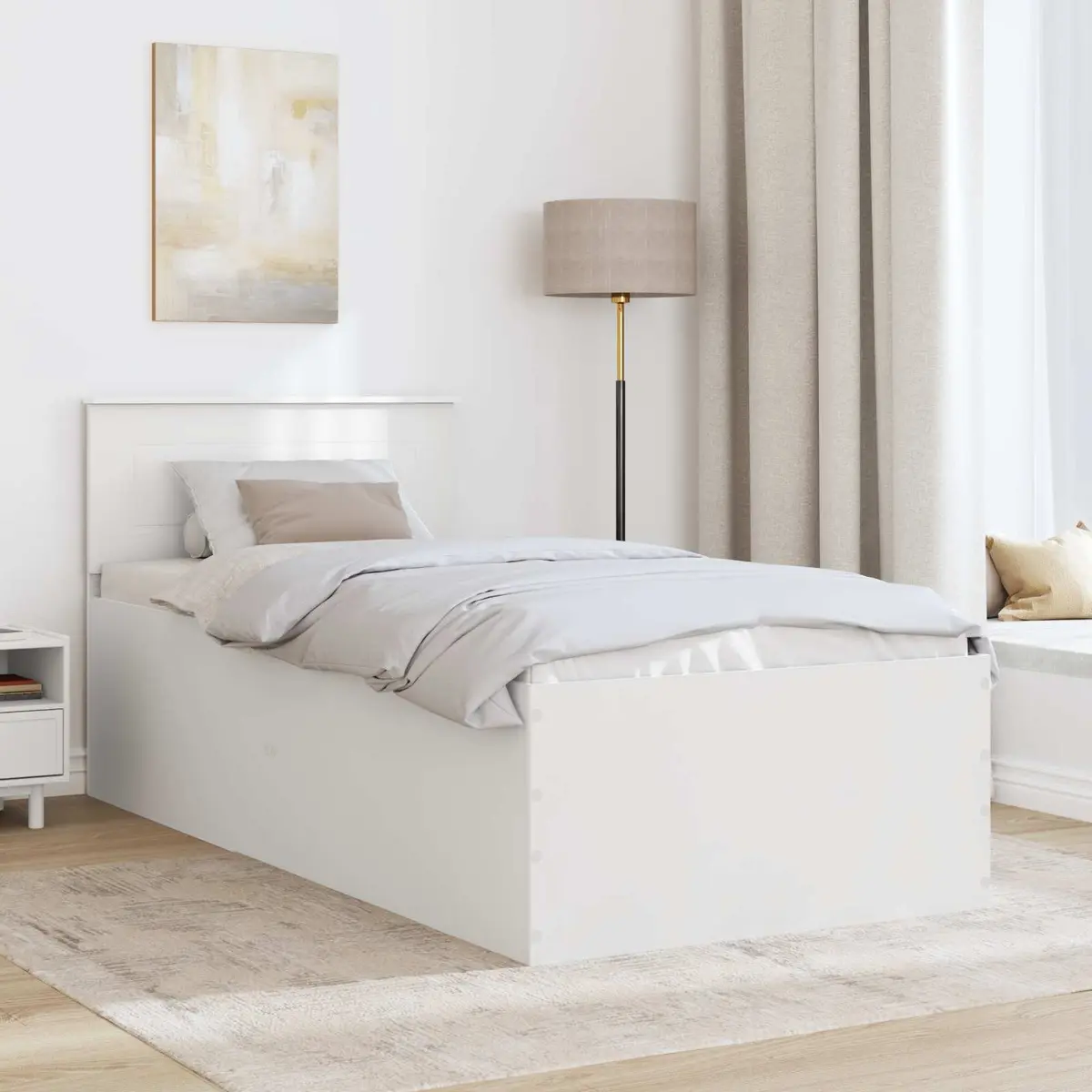 Bed Frame 90 x 190 cm White Modern with Integrated Headboard Engineered Wood