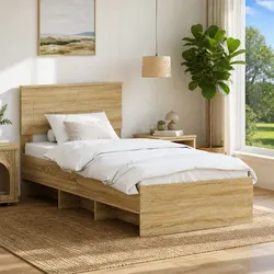 Modern Brown Bed Frame with Built-In Headboard 90 x 200 cm