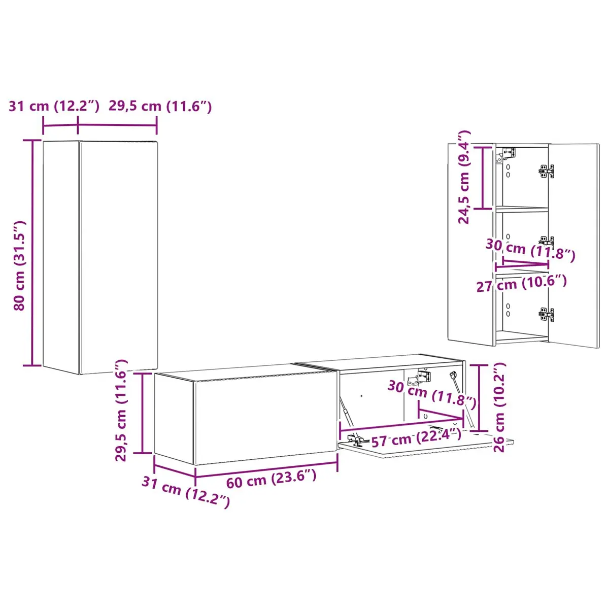 Wall-mounted TV Cabinet Set 2 Pieces White Modern Living Room Storage Unit