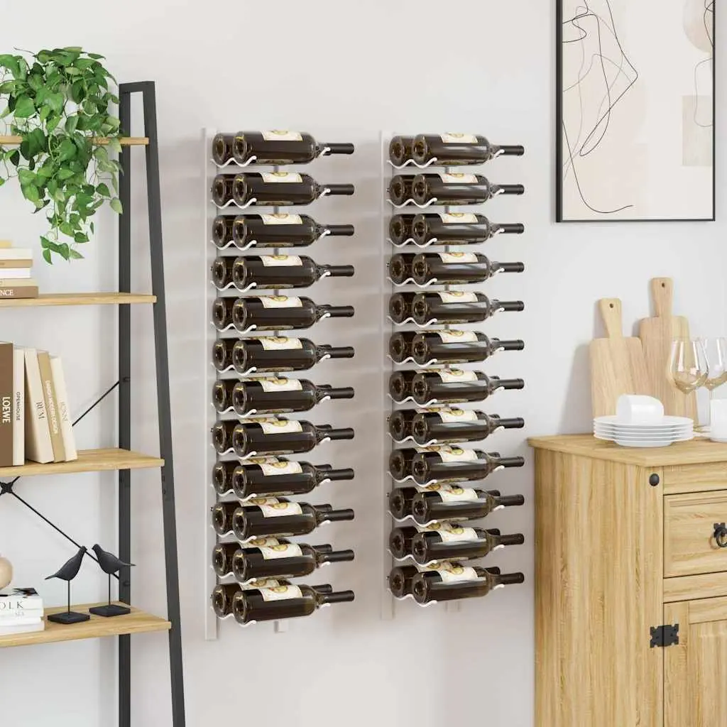 Wall Mounted Wine Rack Set 2 pcs White Iron Storage Organiser Holds 24 Bottles