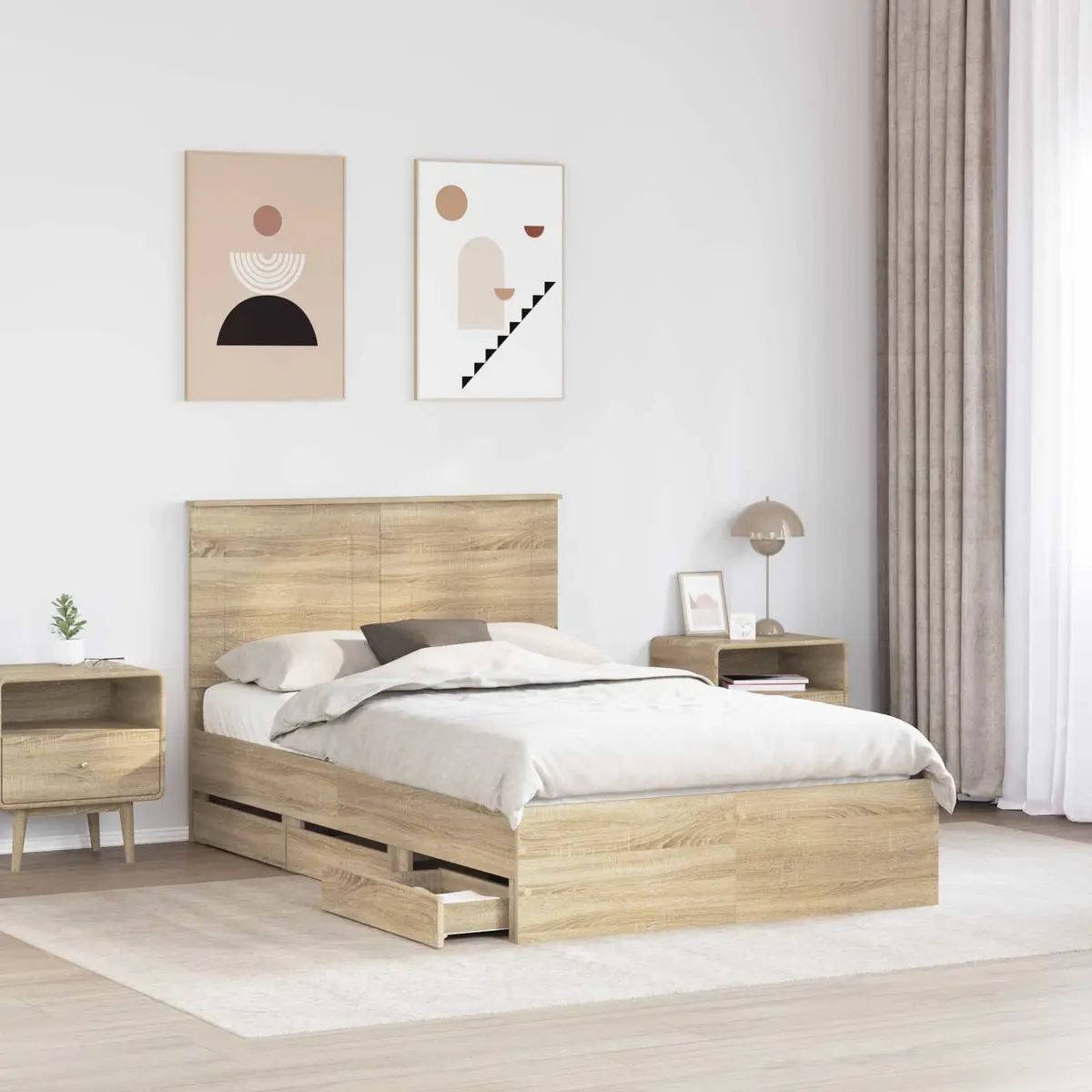 Bed Frame 135 x 190 cm Engineered Wood Storage Drawer Sonoma Oak Modern
