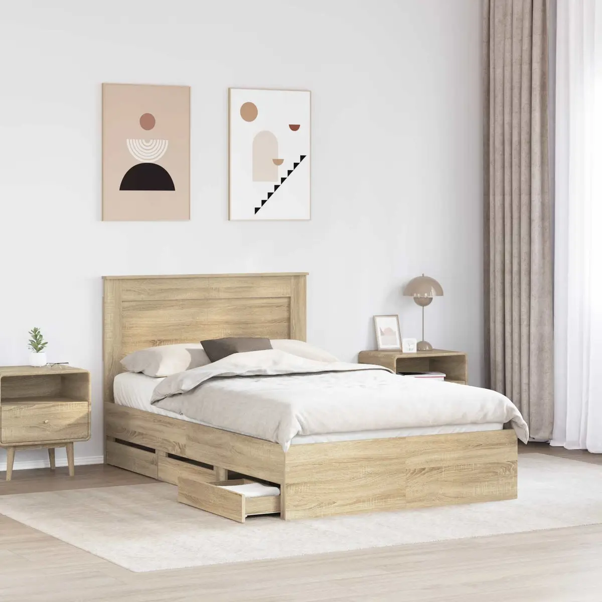 Bed Frame 135 x 190 cm Engineered Wood Modern with Storage Drawer