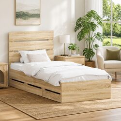 Modern Bed Frame in Sonoma Oak with Storage Drawers 90 x 190 cm