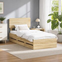 Bed Frame with Storage Drawers 90x190cm Brown Engineered Wood Slatted Base