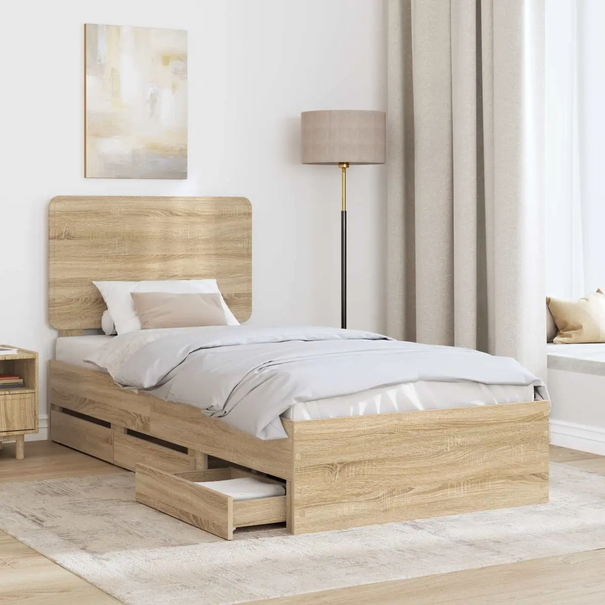 Bed Frame with Drawer Storage Engineered Wood Brown Contemporary Bedroom