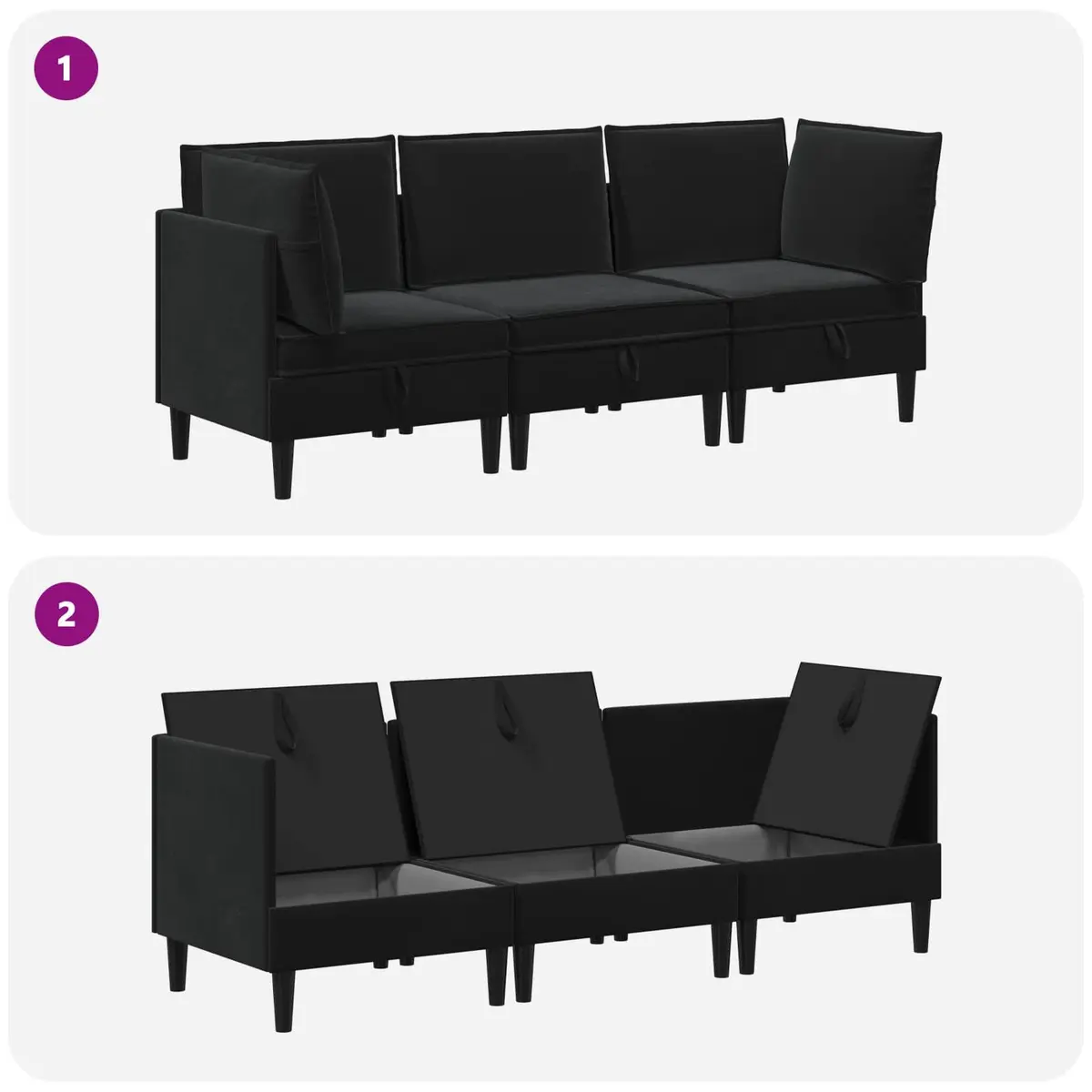 Living Room Furniture Set 3 Piece Black Velvet Cushioned Seating