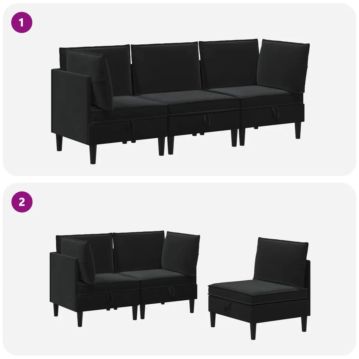 Living Room Furniture Set 3 Piece Black Velvet Cushioned Seating