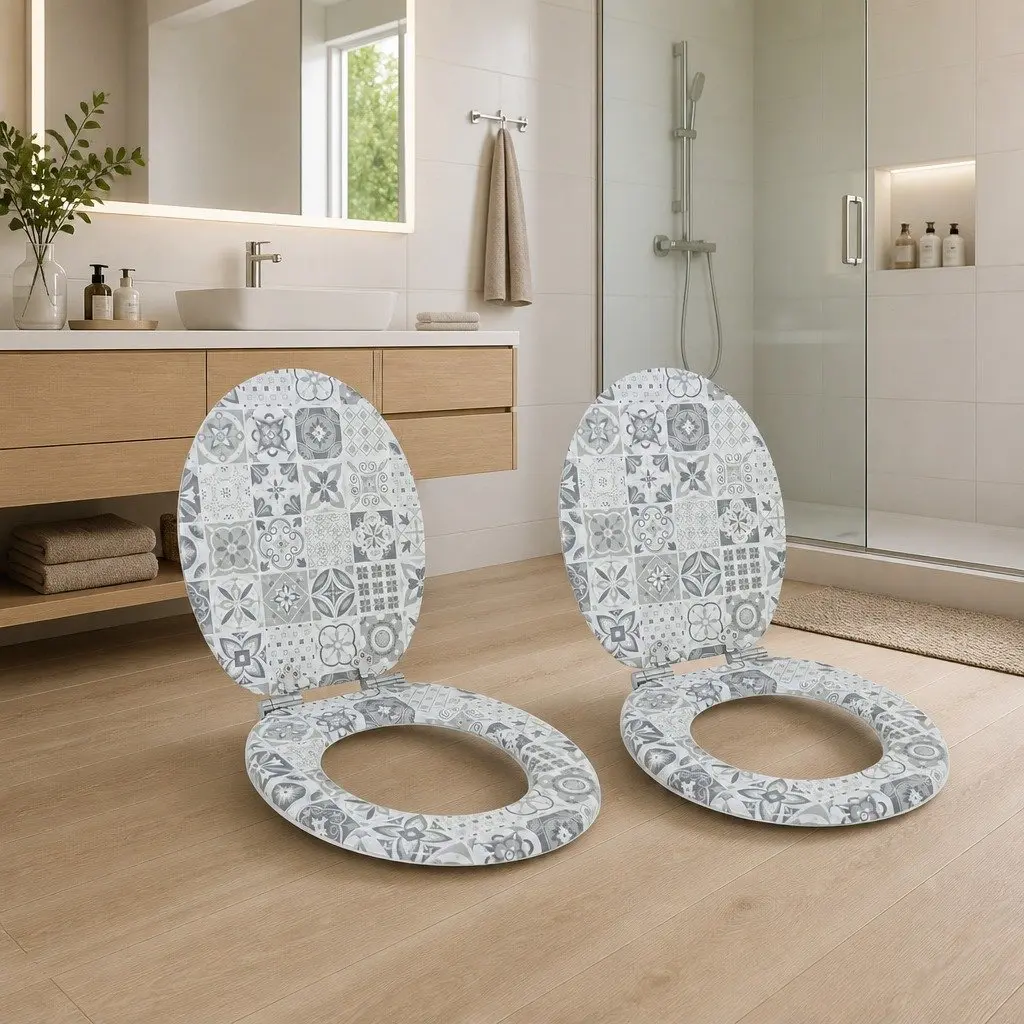 Soft-Close Toilet Seat Blue White 2 Pack MDF Board Non-Slip Bathroom Fixture