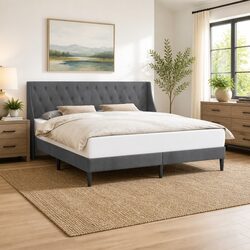 Stylish Dark Grey Bed Frame with Velvet Headboard 180 x 200 cm