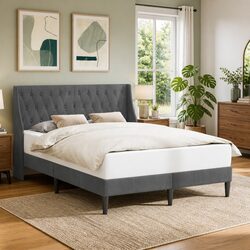 Bed Frame with Velvet Headboard Modern Bedroom Furniture Dark Grey Upholstered