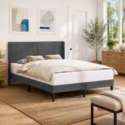 Bed Frame with Dark Grey Velvet Headboard Modern Bedroom Furniture Slatted Base