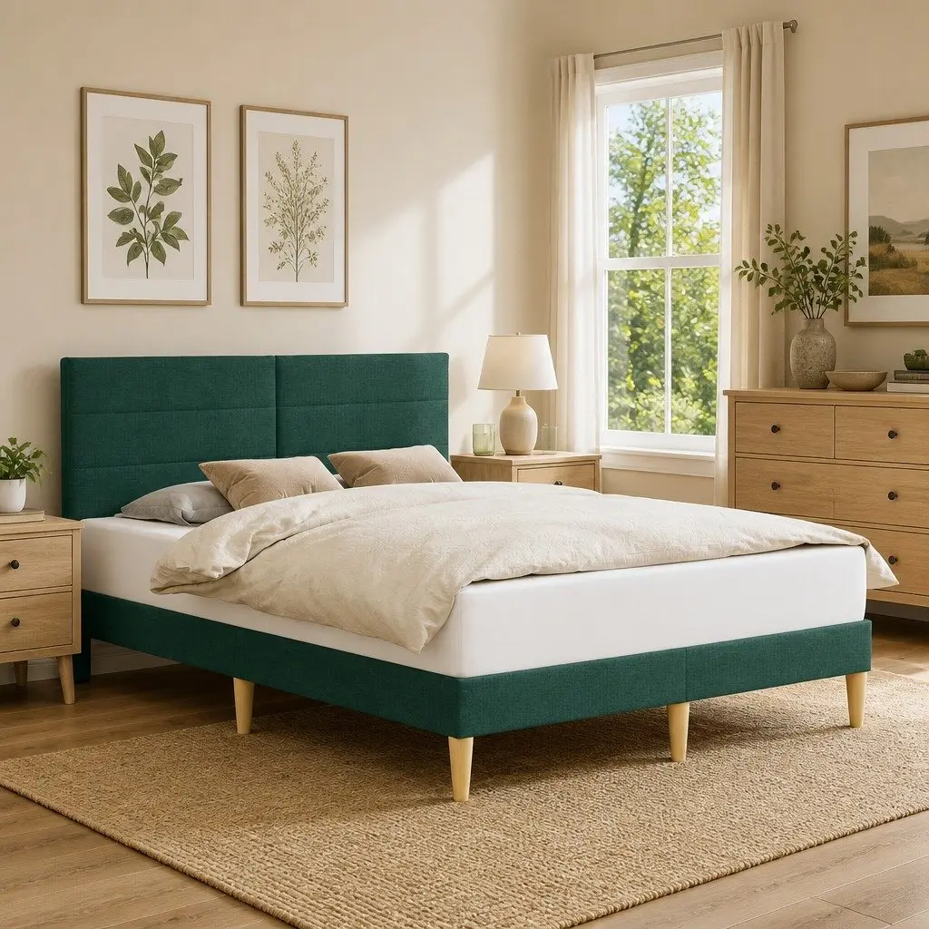 Bed Frame Dark Grey Fabric Upholstered Headboard Indoor Bedroom Furniture