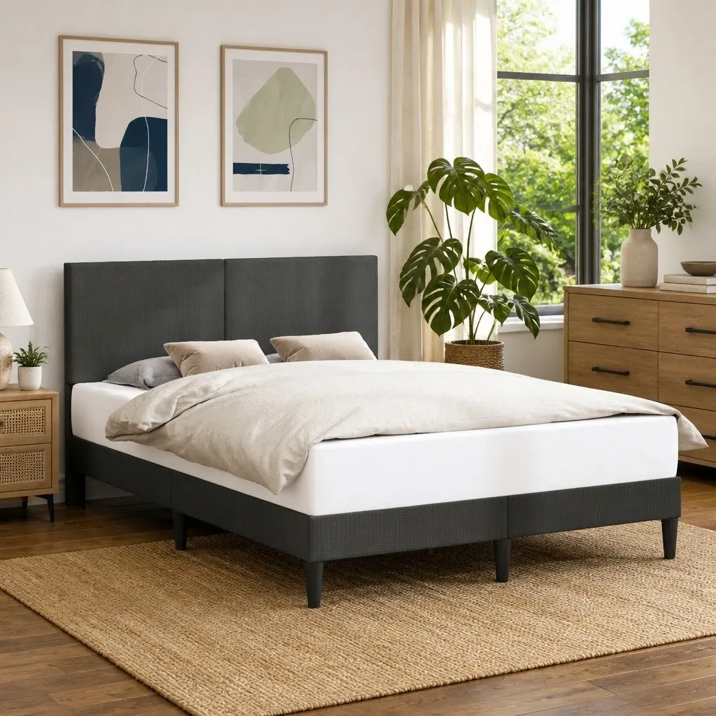 Bed Frame 137x190cm Corduroy Upholstered Headboard Dark Grey Slatted Base