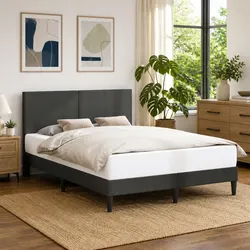 Bed Frame with Corduroy Upholstered Headboard Dark Grey 137x190cm Slatted Base