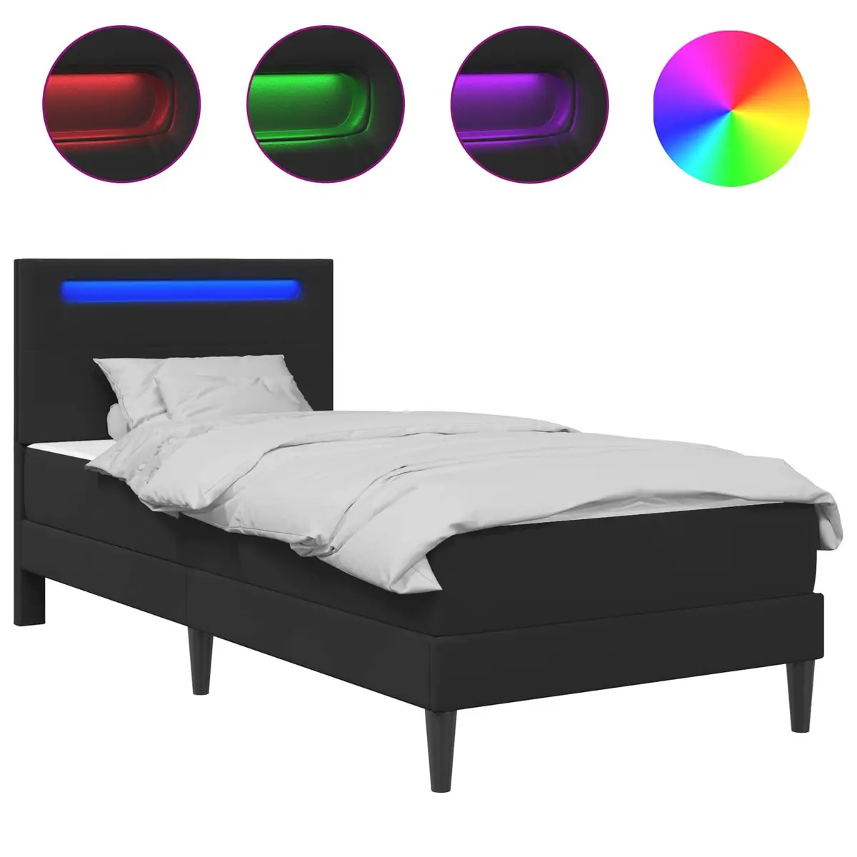 Bed Frame 90 x 190 cm Black Faux Leather Headboard with LED Strip Lights and Under-Bed Storage