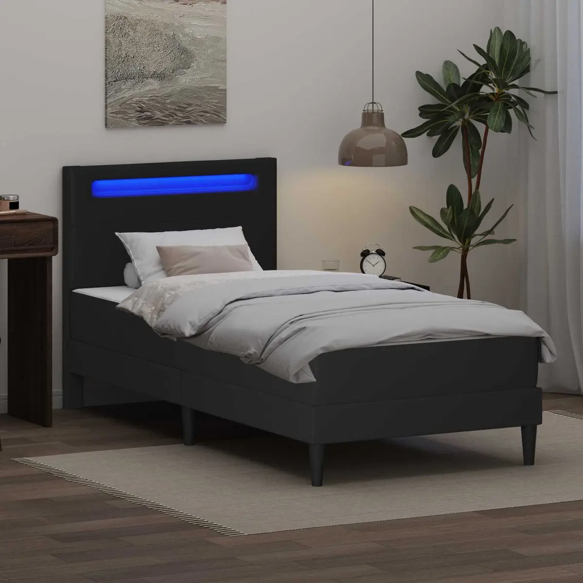 Bed Frame 90 x 190 cm Black Faux Leather Headboard with LED Strip Lights and Under-Bed Storage