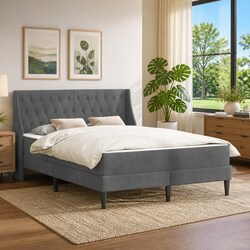 Bed Frame with Mattress Grey 137 x 190 cm Velvet Upholstered Modern Bedroom