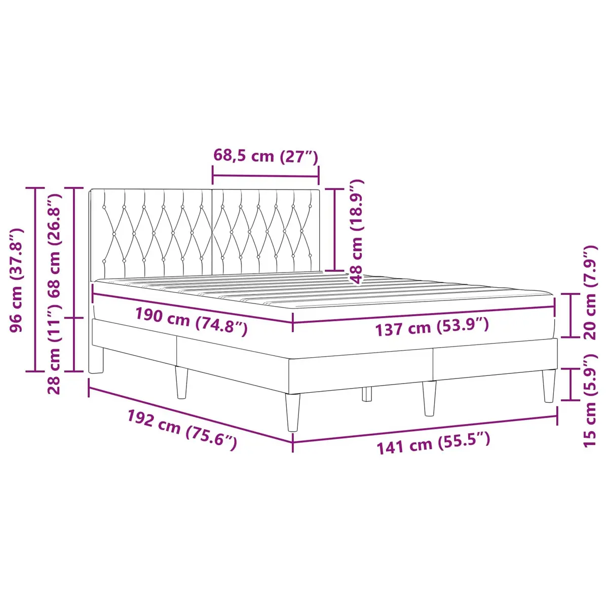 Bed Frame with Mattress Dark Grey 137 x 190 cm Velvet Upholstered Modern Bedroom