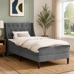 Stylish Grey Velvet Bed with Integrated Mattress 107 x 203 cm