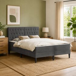 Bed Frame with Mattress Grey 137 x 190 cm Velvet Headboard Modern Bedroom