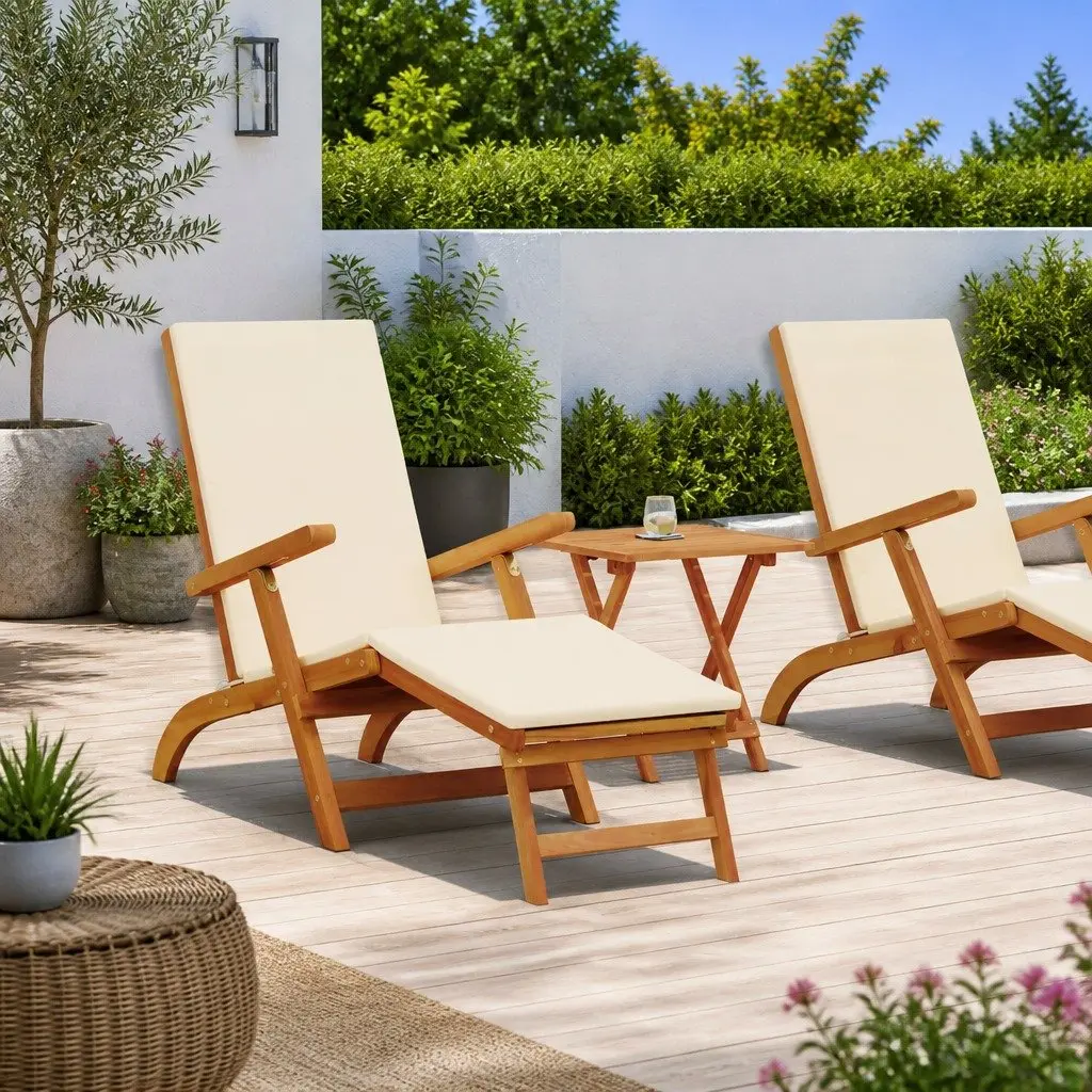 Sun Lounger 2 Piece Folding Reclining Chair Acacia Wood Outdoor Garden Patio Pool