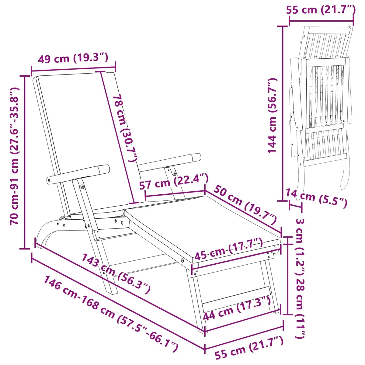 Sun Lounger 3 Piece Reclining Folding Chair Acacia Wood Garden Patio Pool Outdoor