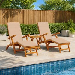 Sun Lounger Reclining Folding Chair 3 pcs Solid Acacia Wood Garden Patio