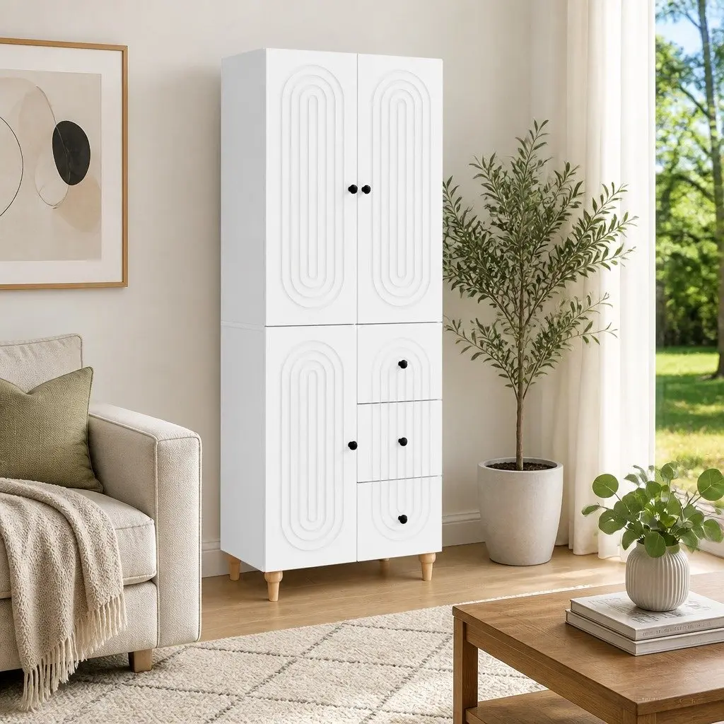 Cabinet Set 2 Pieces White Storage Furniture Shelves Drawers Compartments USB Powered LED Lighting