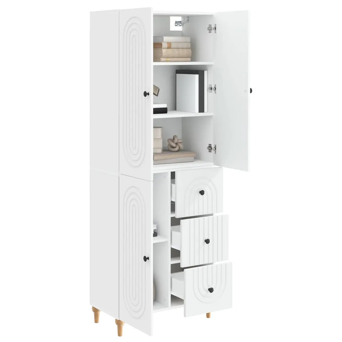 Cabinet Set 2 Pieces White Storage Furniture Shelves Drawers Compartments USB Powered LED Lighting