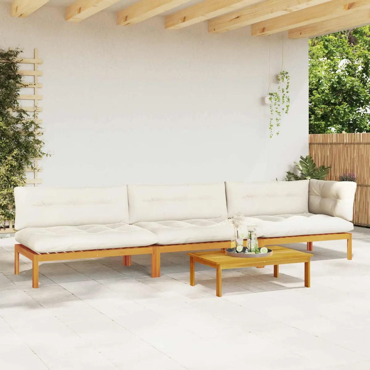 Outdoor Sectional Sofa Set 4 Piece Solid Acacia Wood Weather-Resistant Corner Lounge with Foam-Padded Cushions and Low Table