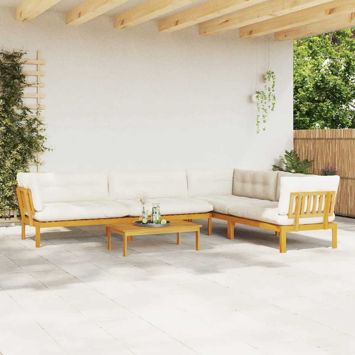 5 Piece Garden Pallet Sofa Set Corner Sectional Outdoor Seating with Foam Padded Cushions and Matching Low Table