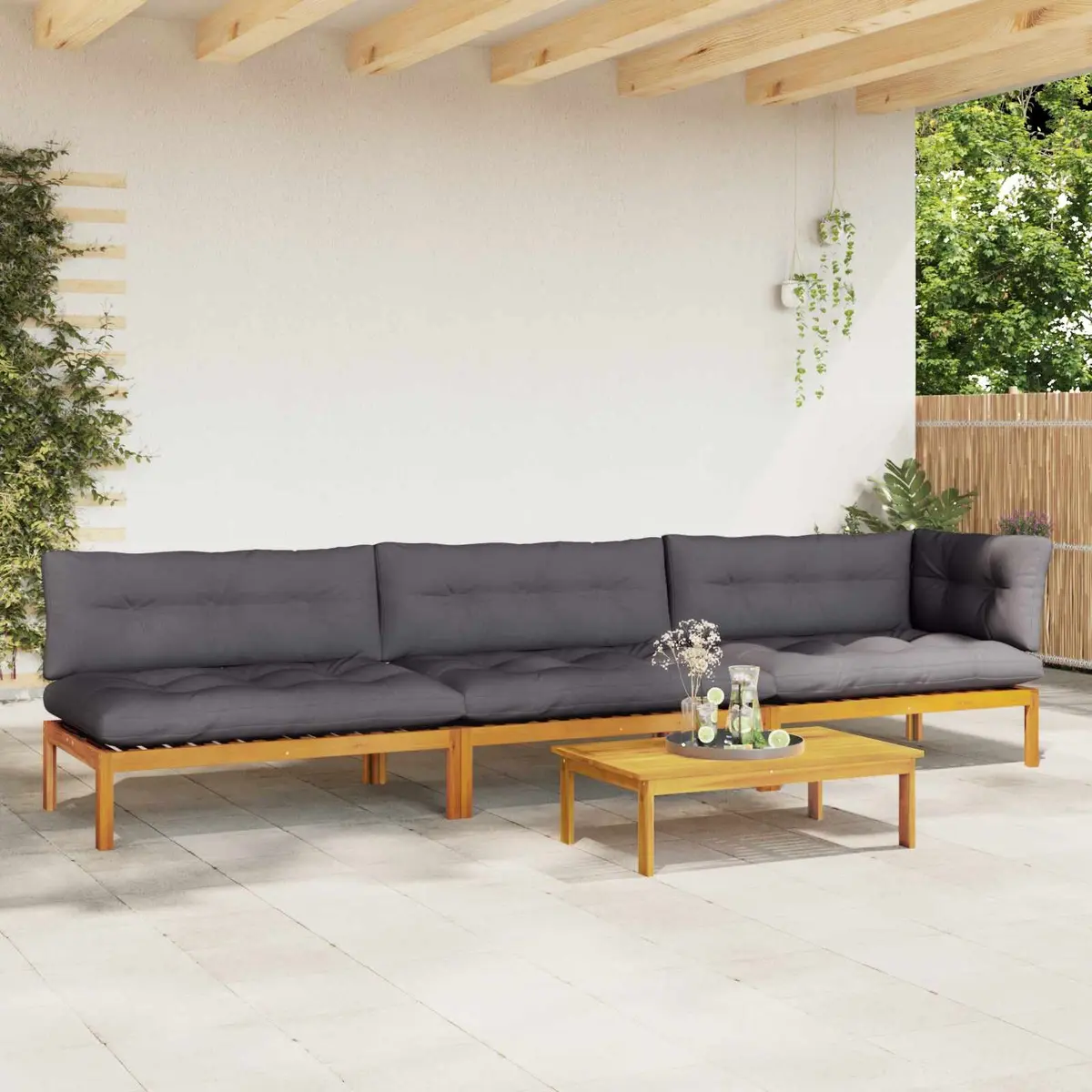 Outdoor Garden Pallet Sofa Sectional Set 4 Piece Corner Lounge Seating with Foam-Padded Cushions and Matching Low Table