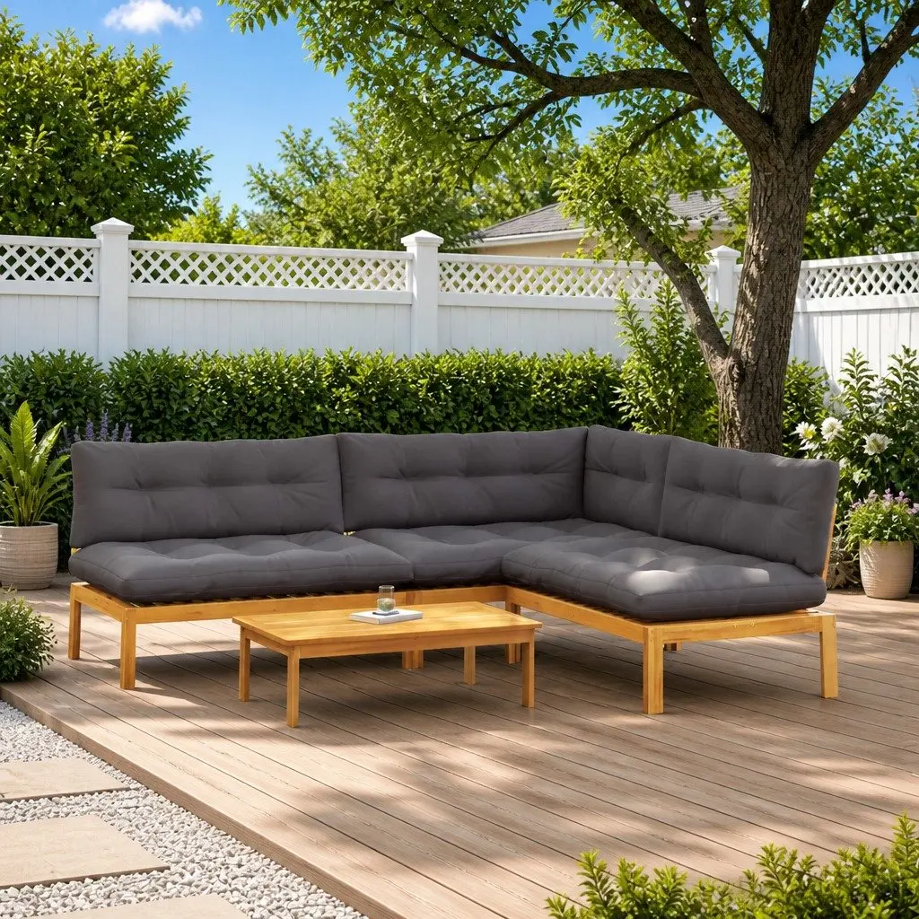 Outdoor Sectional Sofa Corner Lounge Set 4 Piece Solid Acacia Wood Weather Resistant with Foam Cushions and Matching Low Table