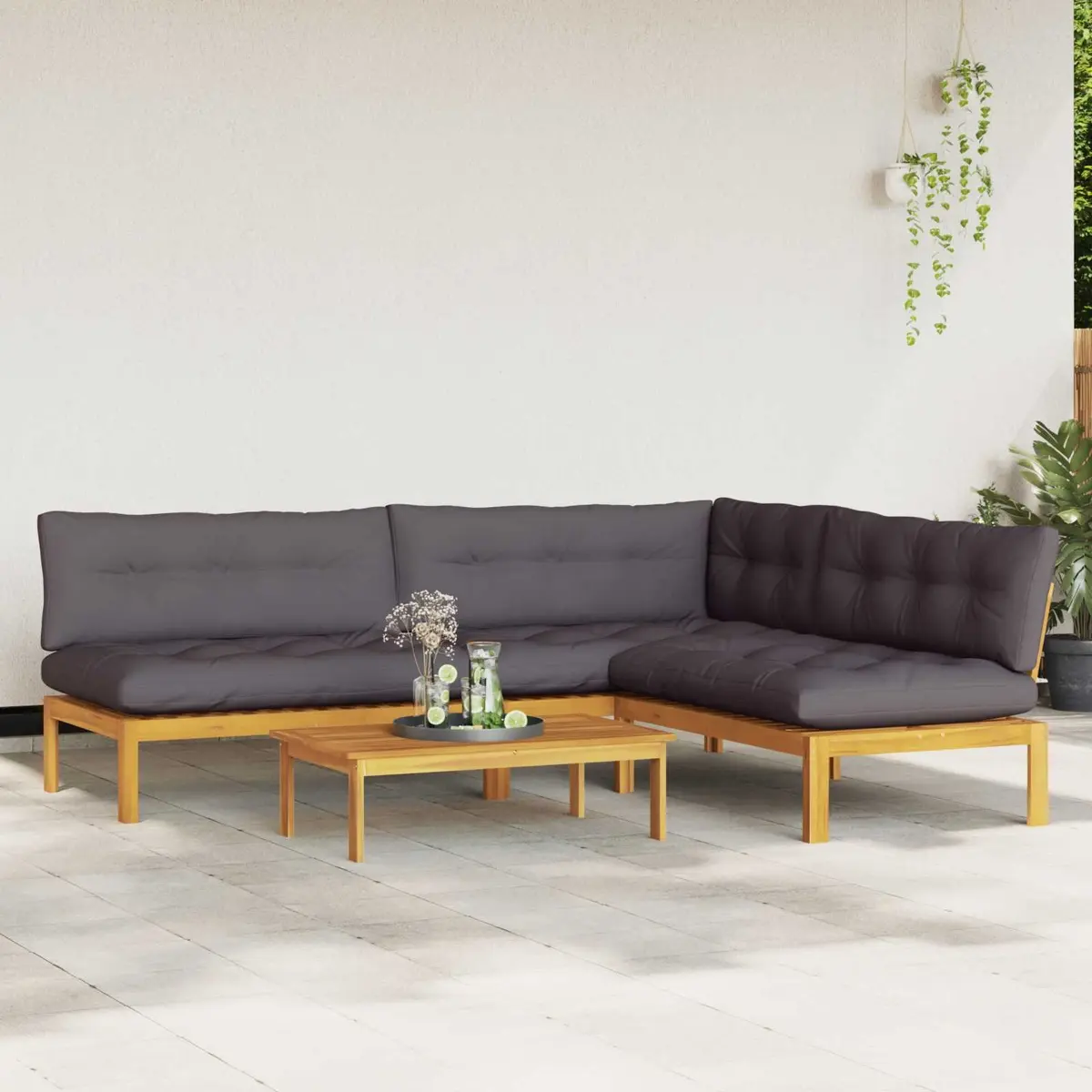 Outdoor Sectional Sofa Corner Lounge Set 4 Piece Solid Acacia Wood Weather Resistant with Foam Cushions and Matching Low Table