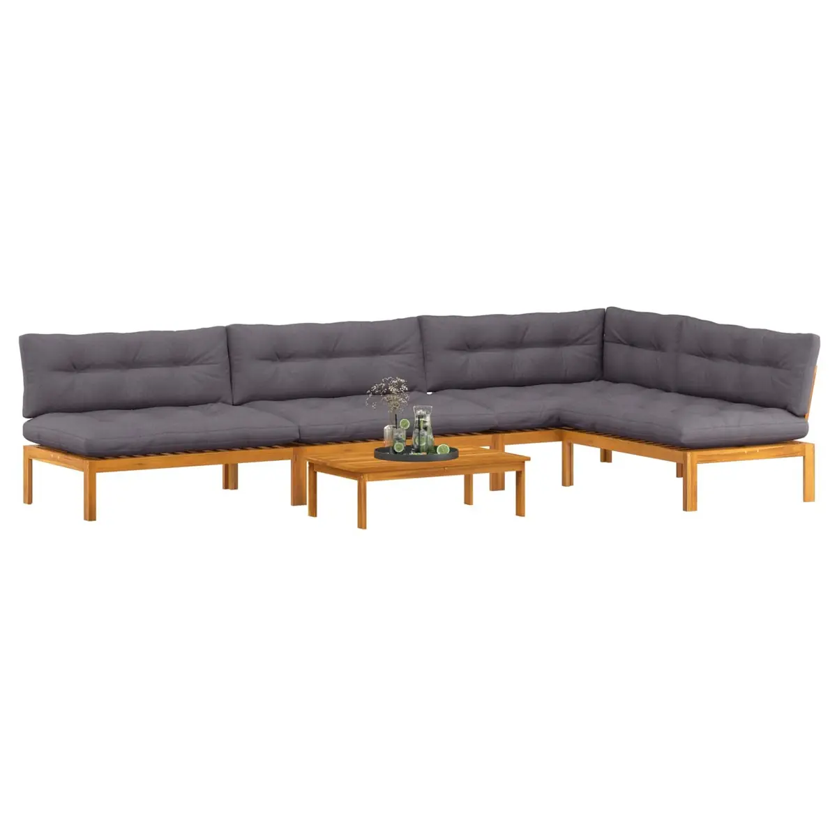 5 Piece Garden Pallet Sofa Sectional Set Solid Acacia Wood Outdoor Lounge with Foam-Padded Cushions and Matching Low Table