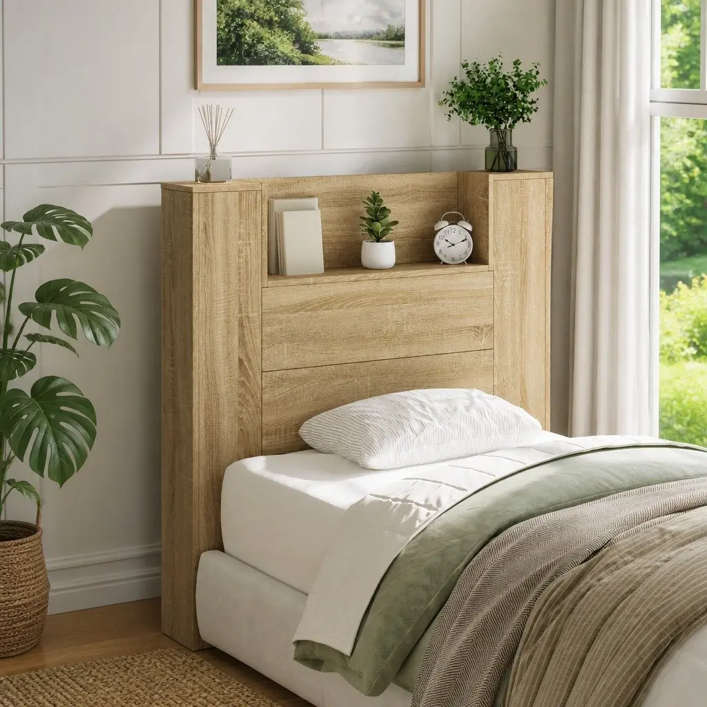 Storage Headboard with RGB LED Lights Engineered Wood Bedroom Furniture Shelf