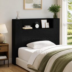 Storage Headboard with RGB LED Lights Bedroom Shelf Black Engineered Wood