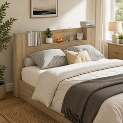 Brown Engineered Wood Headboard with Adjustable LED Lights