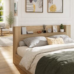 Storage Headboard with RGB LED Lights Engineered Wood Bedroom Shelf Sonoma Oak
