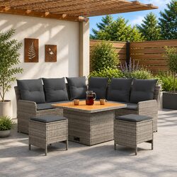 PE Rattan Furniture Set 6 Pieces Grey Outdoor Indoor Patio Lounge with Cushions